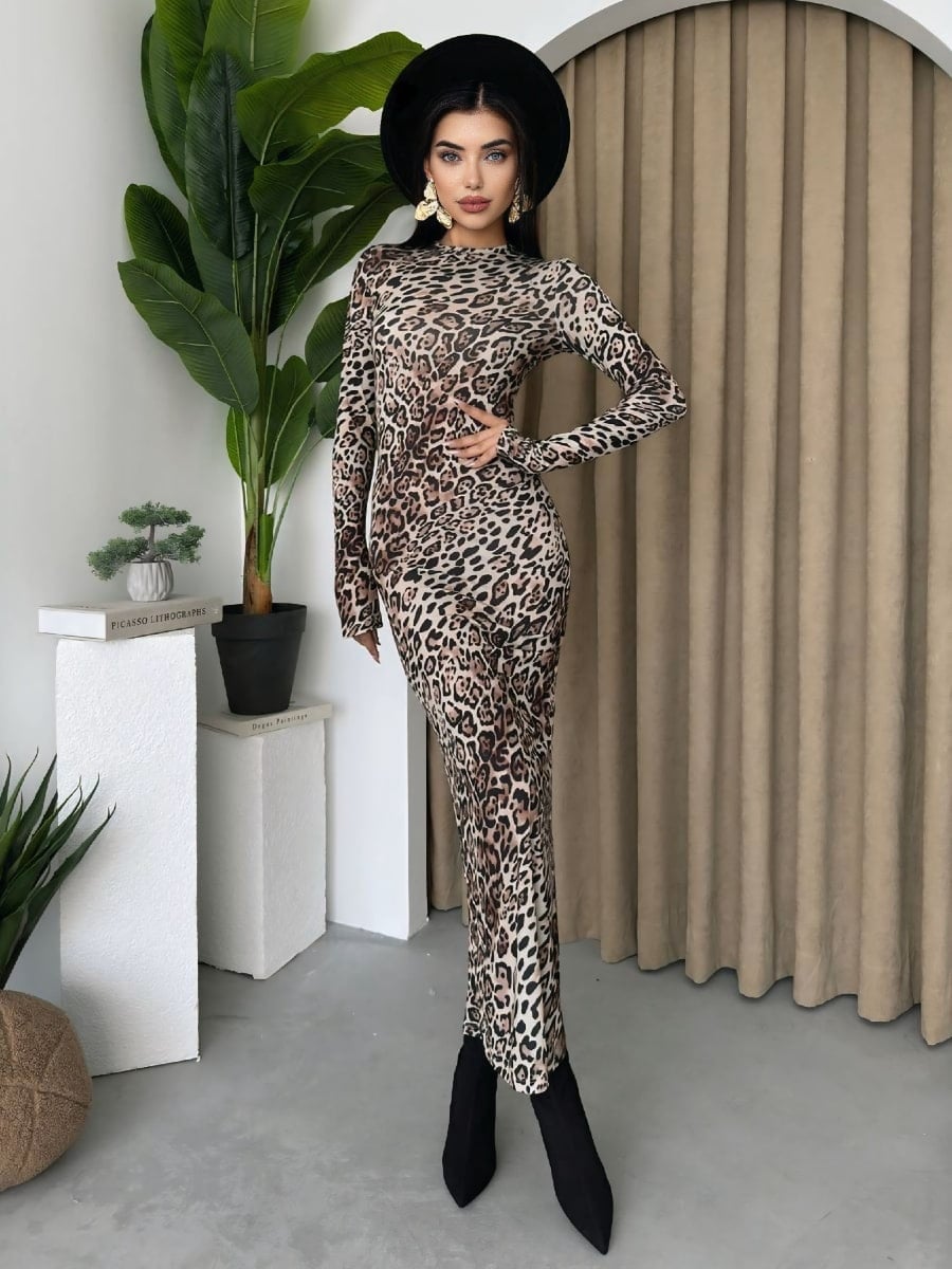 Long Sleeve Leopard Print Bodycon Maxi Dress with Fedora Long Sleeve Leopard Print Bodycon Maxi Dress with Fedora — Elegant Leopard Print Outfits