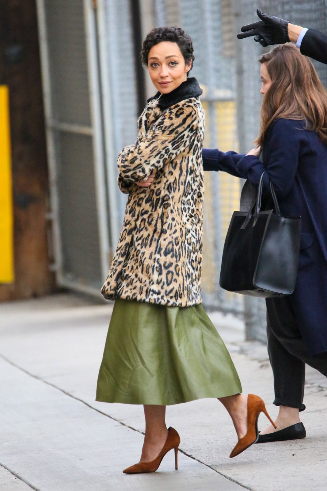 Oversized Leopard Print Faux Fur Coat Over an Olive Green Satin Skirt Oversized Leopard Print Faux Fur Coat Over an Olive Green Satin Skirt — Elegant Leopard Print Outfits