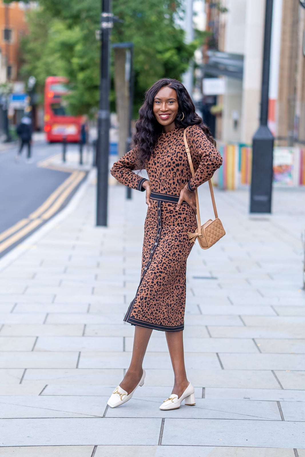 Knit Leopard Print Midi Dress with White Block Heels Knit Leopard Print Midi Dress with White Block Heels — Elegant Leopard Print Outfits