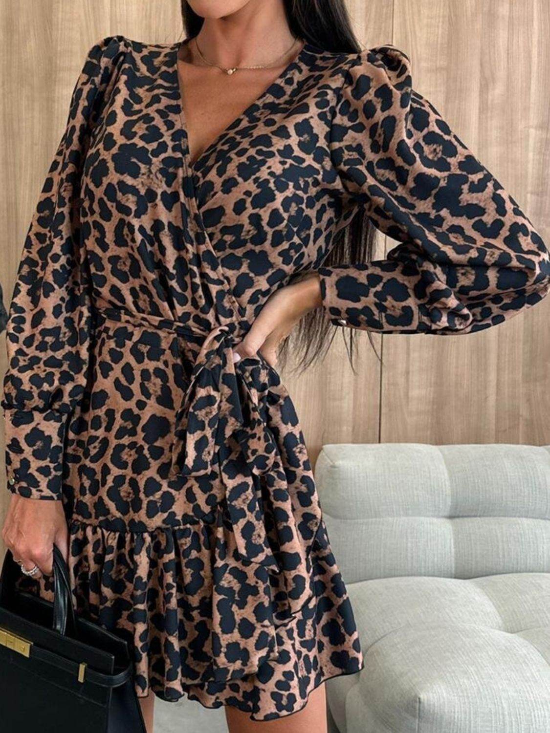 Leopard Print Wrap Dress with Ruffled Hem and Gold Necklace Leopard Print Wrap Dress with Ruffled Hem and Gold Necklace — Elegant Leopard Print Outfits