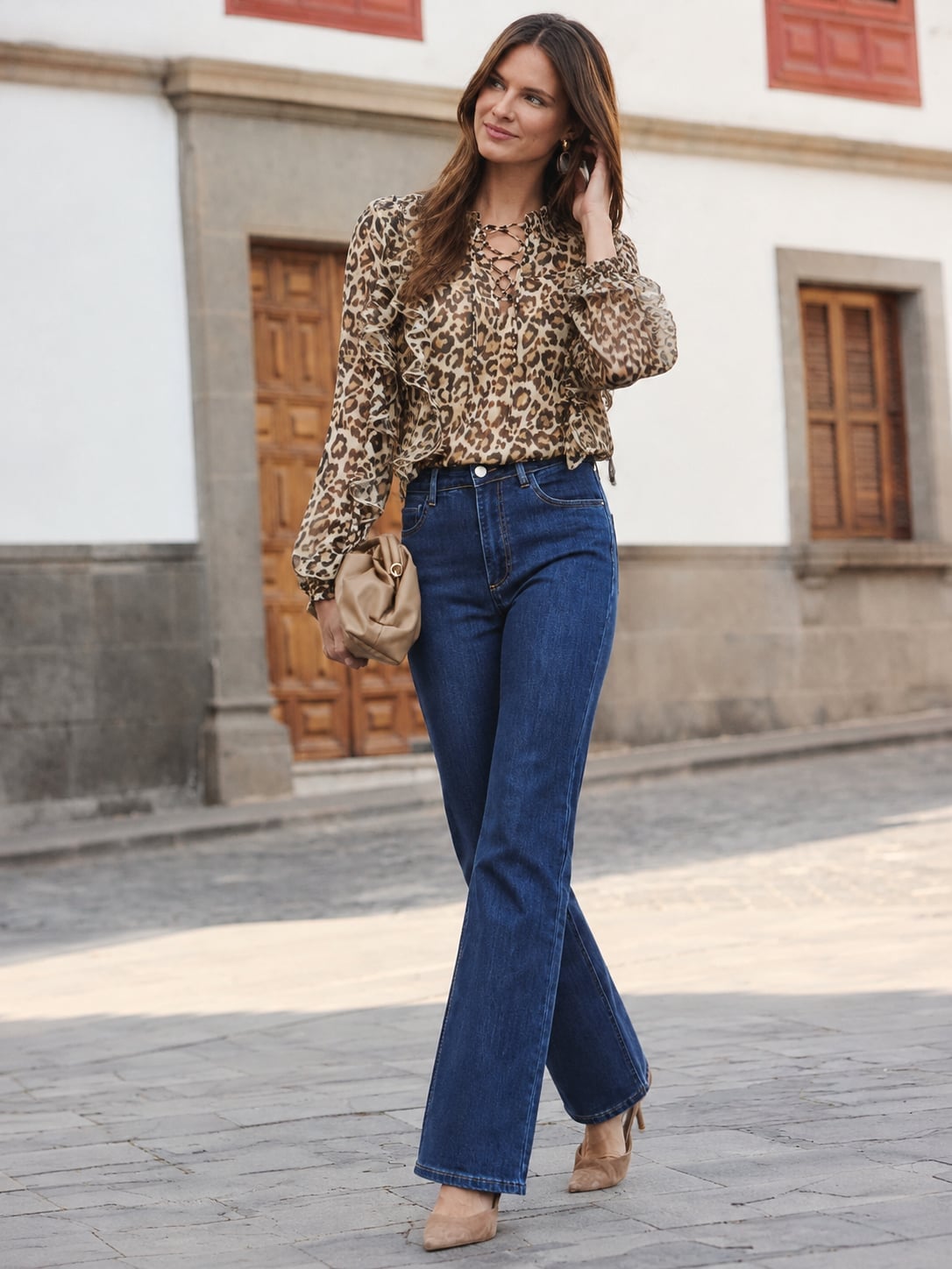 Leopard Print Chiffon Blouse with Blue Denim Jeans Leopard Print Chiffon Blouse with Blue Denim Jeans — Elegant Leopard Print Outfits