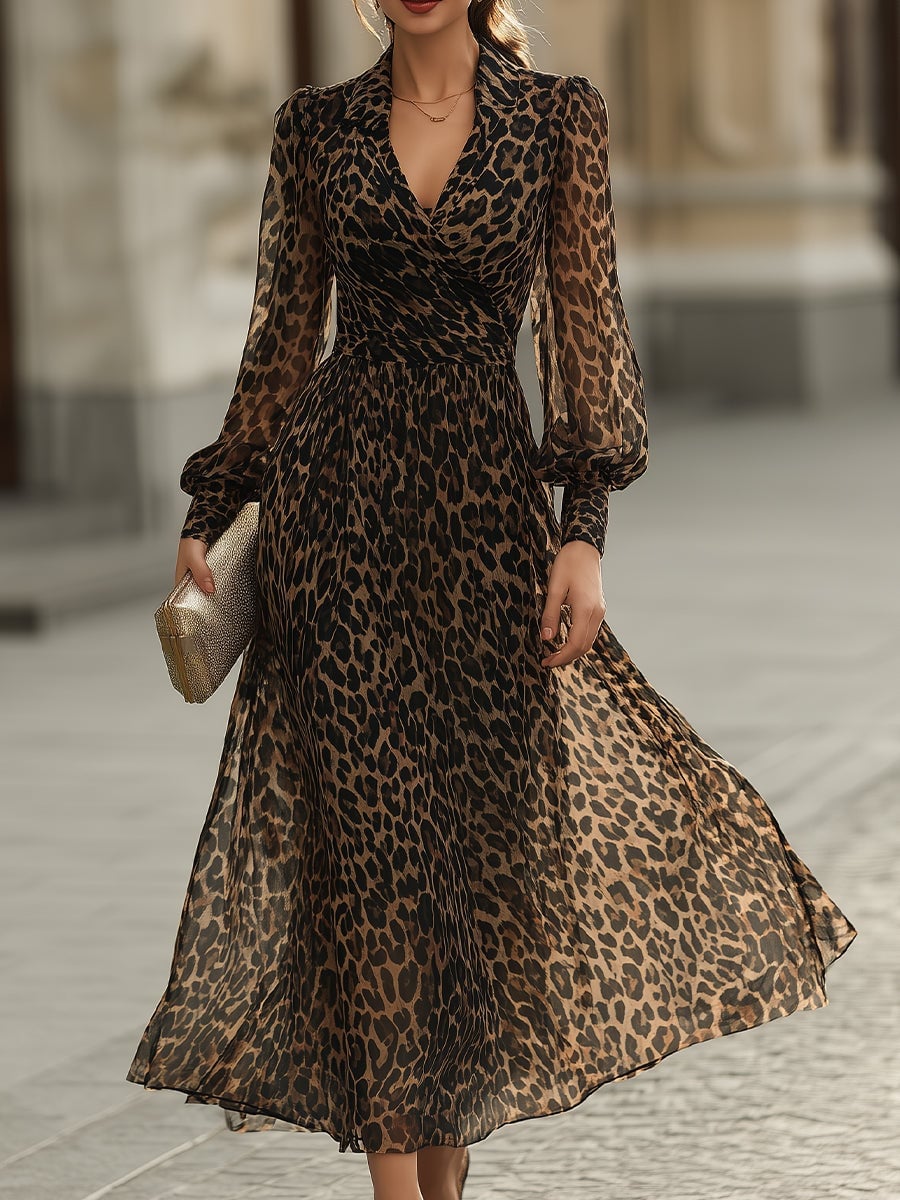 Maxi Wrap Dress with Sheer Voluminous Sleeves and Gold Clutch Maxi Wrap Dress with Sheer Voluminous Sleeves and Gold Clutch — Elegant Leopard Print Outfits