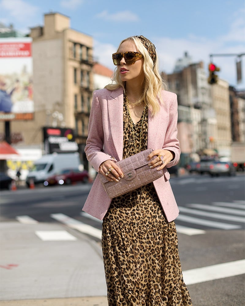 Leopard Print Midi Dress Under a Soft Pink Blazer with Gold Leopard Print Midi Dress Under a Soft Pink Blazer with Gold — Elegant Leopard Print Outfits