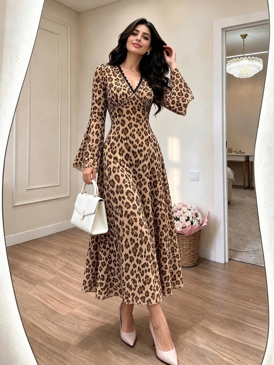 Elegant Leopard Print Maxi Dress with Pale Pink Heels Elegant Leopard Print Maxi Dress with Pale Pink Heels — Elegant Leopard Print Outfits