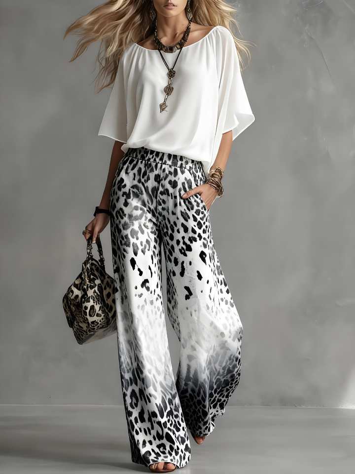 White Blouse with Ombre Leopard Print Wide-Leg Trousers White Blouse with Ombre Leopard Print Wide-Leg Trousers — Elegant Leopard Print Outfits