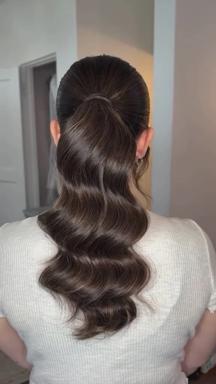 Glossy Dark Brown Wavy Low Ponytail, Mid-Back — Elegant Low Ponytail Hairstyles