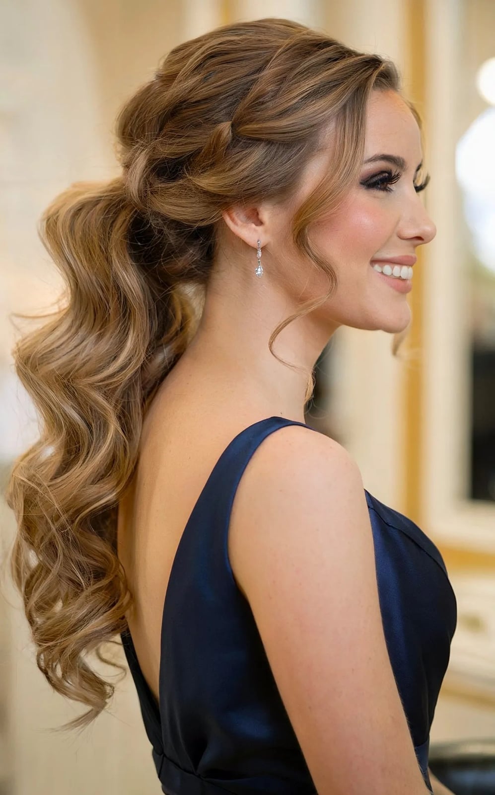 Honey Blonde Low Ponytail With Voluminous Curls — Elegant Low Ponytail Hairstyles