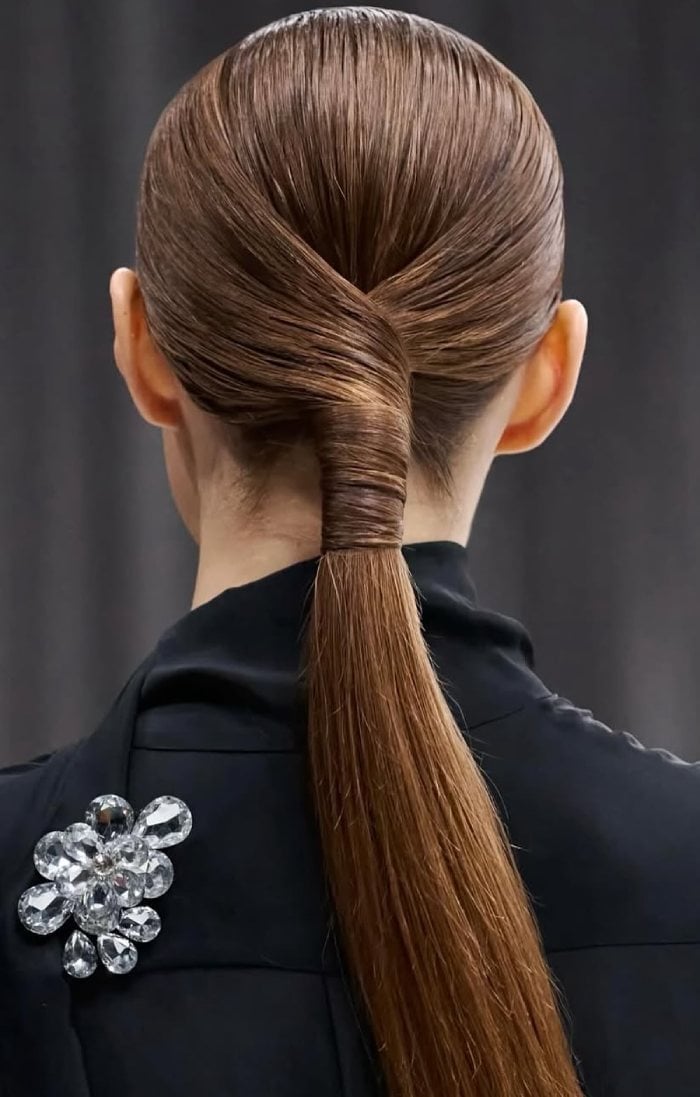 Sleek Medium Brown Wrapped Ponytail — Elegant Low Ponytail Hairstyles