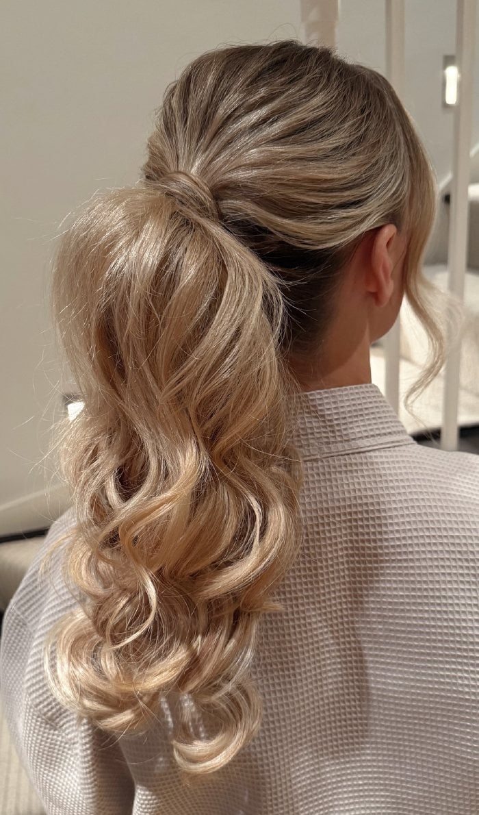 Voluminous Blonde Curly Low Ponytail, Mid-Back — Elegant Low Ponytail Hairstyles