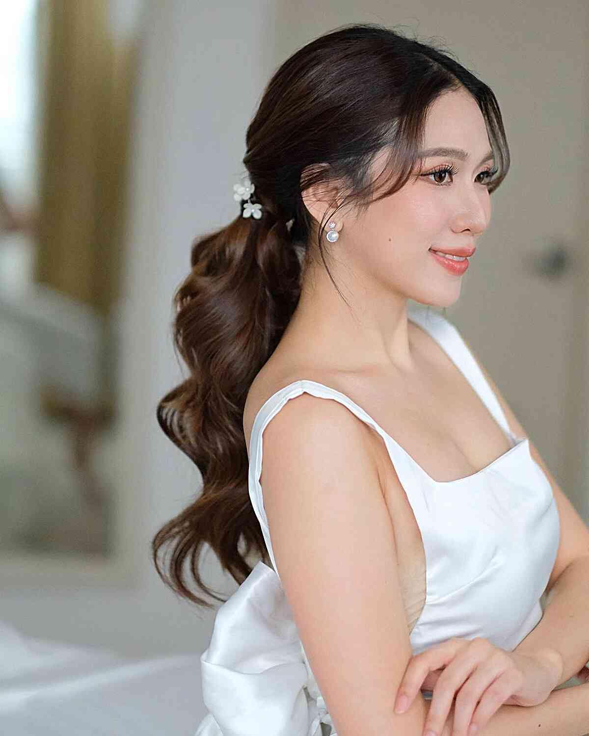 Collarbone Dark Brown Curly Ponytail — Elegant Low Ponytail Hairstyles