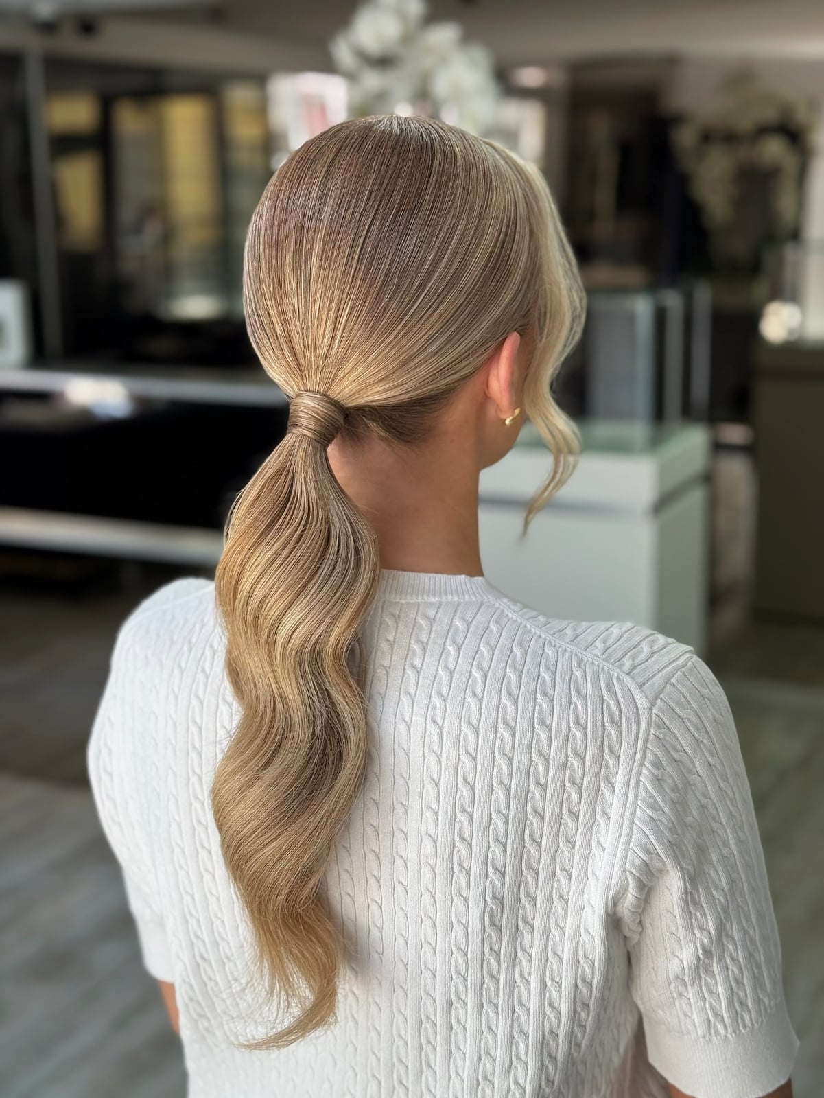 Glossy Blonde Low Ponytail Blowout — Elegant Low Ponytail Hairstyles