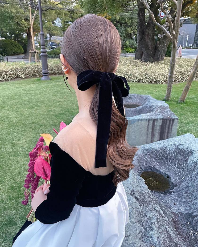 Medium Brown Low Ponytail With Velvet Bow — Elegant Low Ponytail Hairstyles