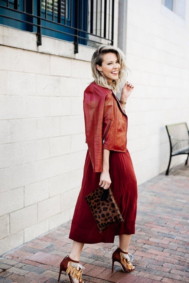 Red Leather Jacket Over a Red Midi Dress with Fringe Sandals Red Leather Jacket Over a Red Midi Dress with Fringe Sandals — Elegant Rock Outfits