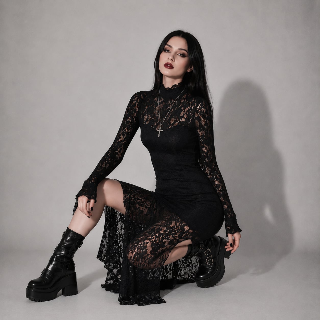 Gothic Lace Dress Paired with Chunky Platform Boots Gothic Lace Dress Paired with Chunky Platform Boots — Elegant Rock Outfits