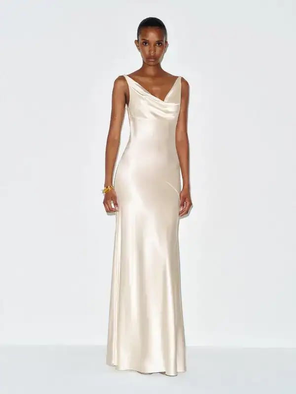 Ivory Satin Silk Bias Cut Slip Dress with Cowl Neck — Elegant Silk Dresses