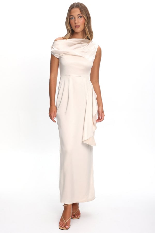 Cream Satin Asymmetrical Draped Dress with Cowl Neck — Elegant Silk Dresses