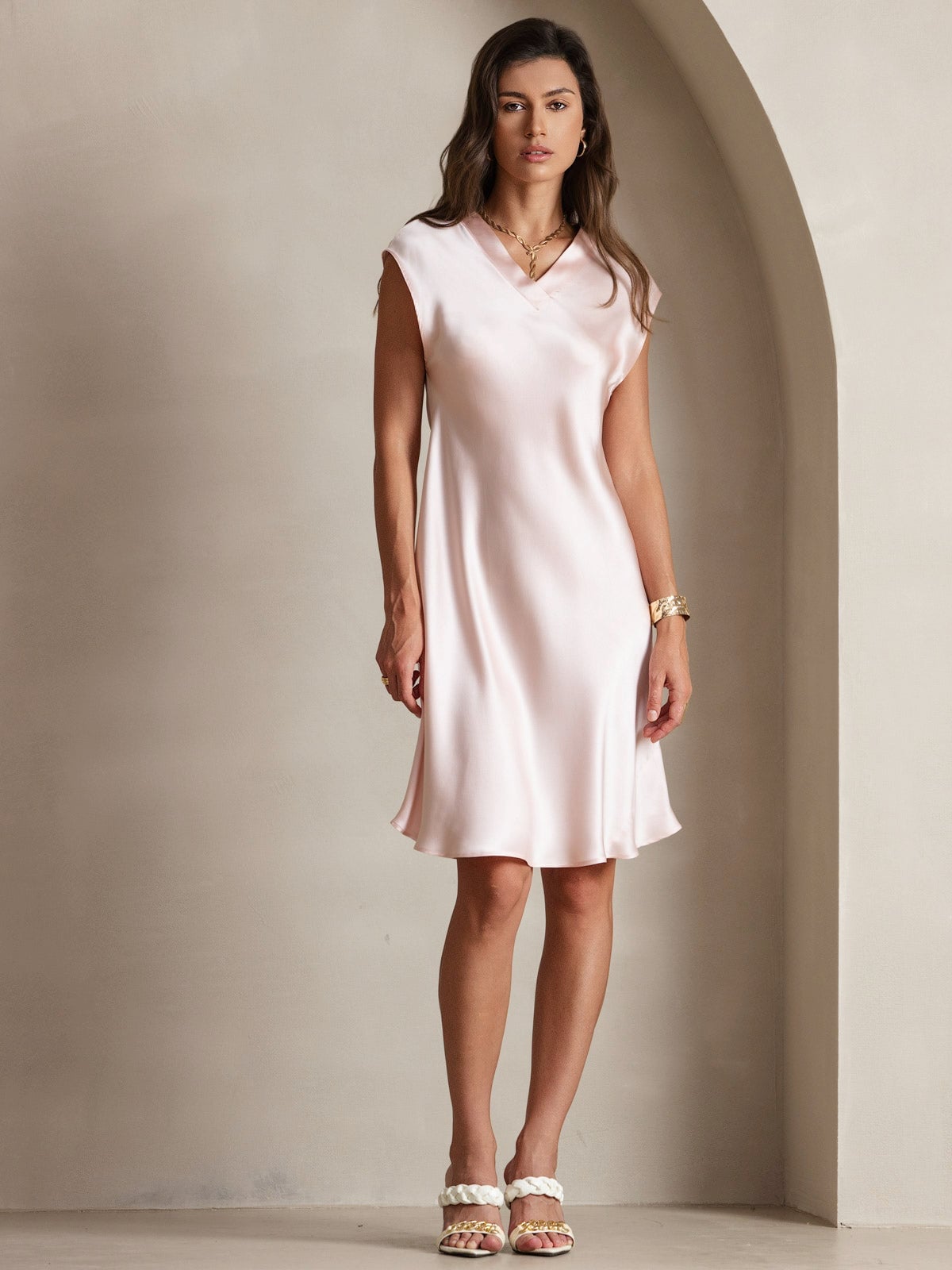 Pale Pink Satin Silk Cap Sleeve Slip Dress with Bias-Cut Drape — Elegant Silk Dresses