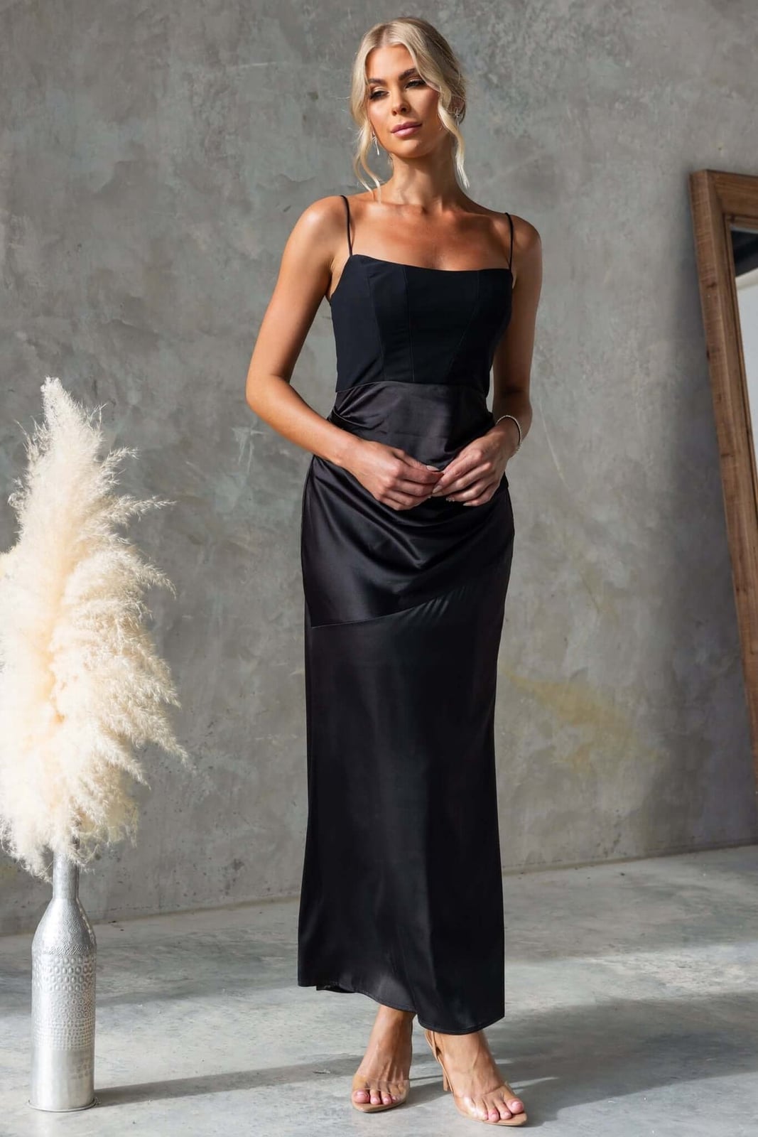 Black Silk Satin Dress with Spaghetti Straps and Draped Skirt — Elegant Silk Dresses