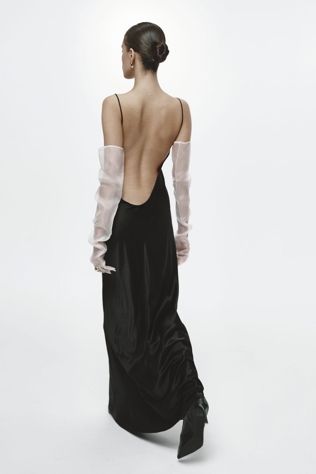 Black Silk Satin Slip Dress with Open Back and Opera Gloves — Elegant Silk Dresses