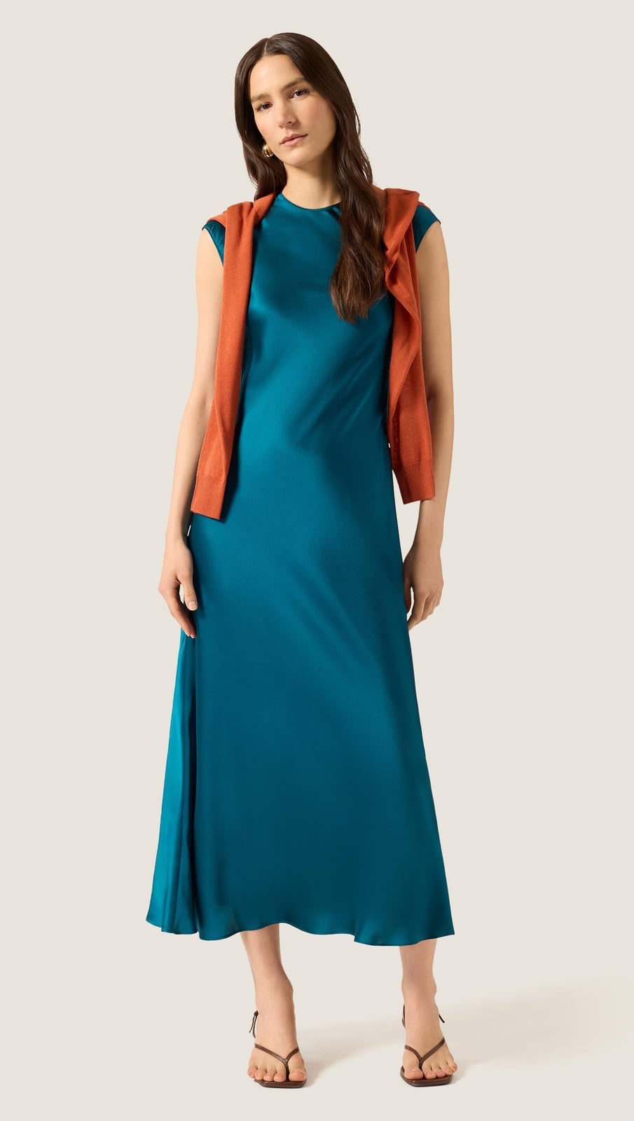 Teal Silk Charmeuse Bias Cut Dress with Rust Cardigan — Elegant Silk Dresses