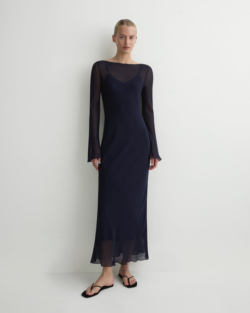 Navy Blue Sheer Overlay Dress with Flowing Silhouette — Elegant Silk Dresses