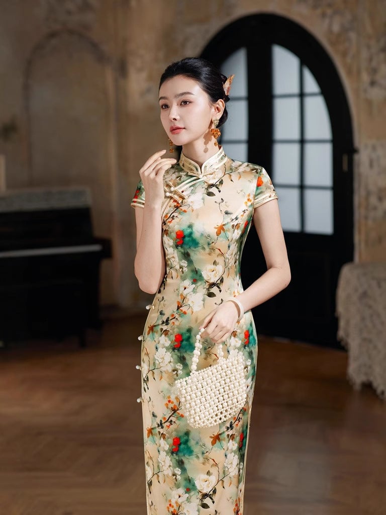 Cream Silk Floral Print Column Maxi Dress — Elegant Silk Dresses