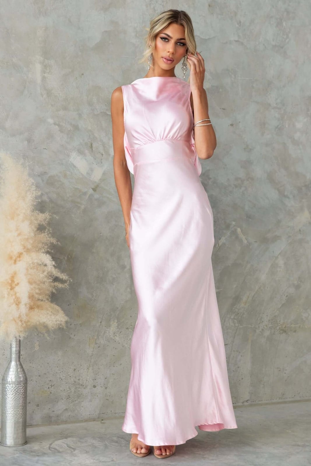 Pale Pink Silk Satin Fitted Maxi Dress with Draped Back — Elegant Silk Dresses