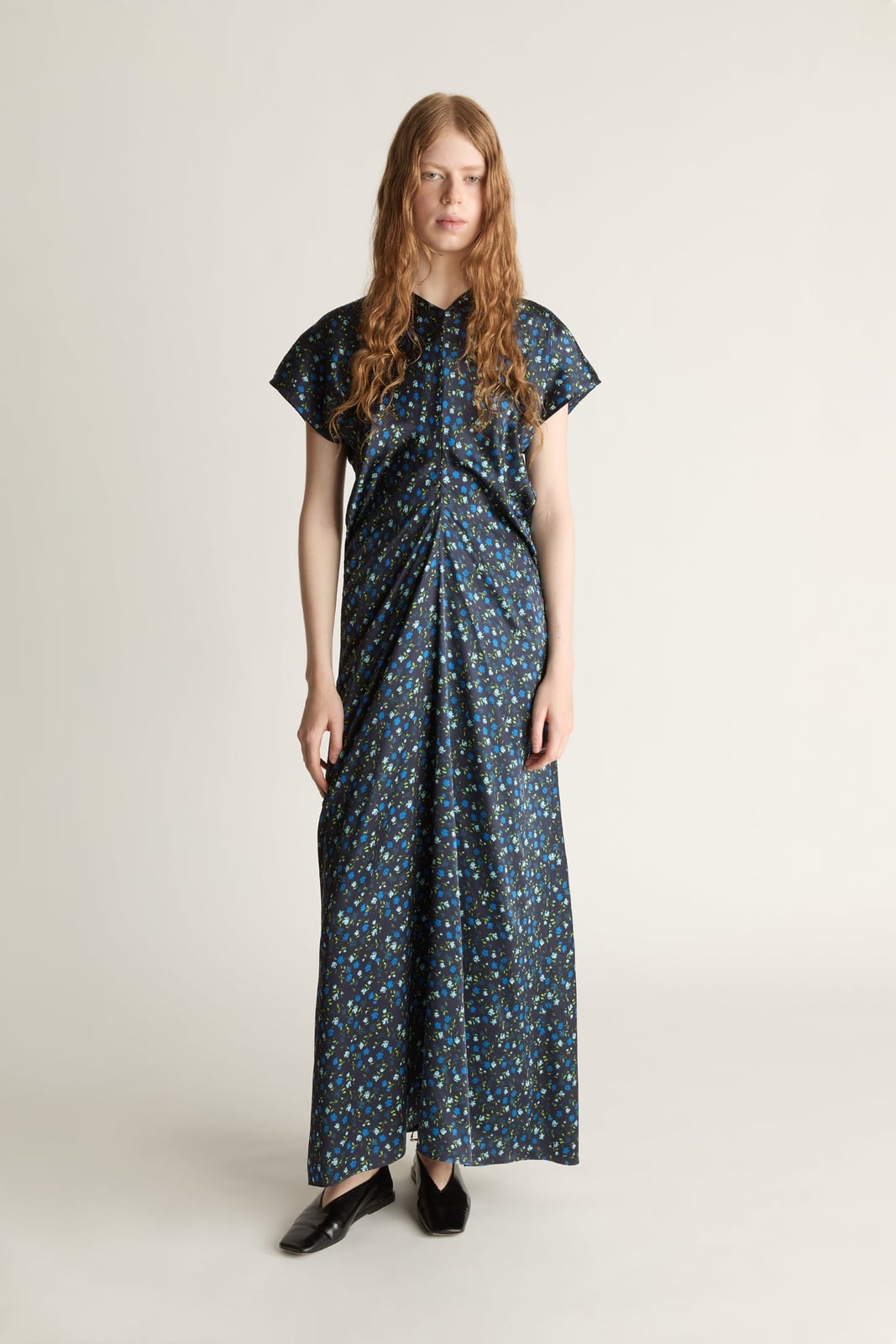 Dark Blue Silk Floral Print Maxi Dress with Ruched Bodice — Elegant Silk Dresses