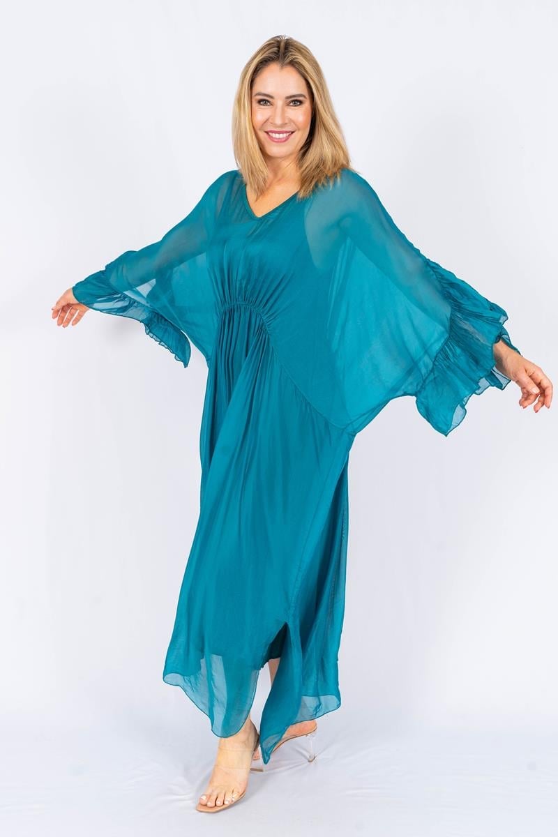 Teal Sheer Silk Overlay Maxi Dress with Draped Sleeves — Elegant Silk Dresses