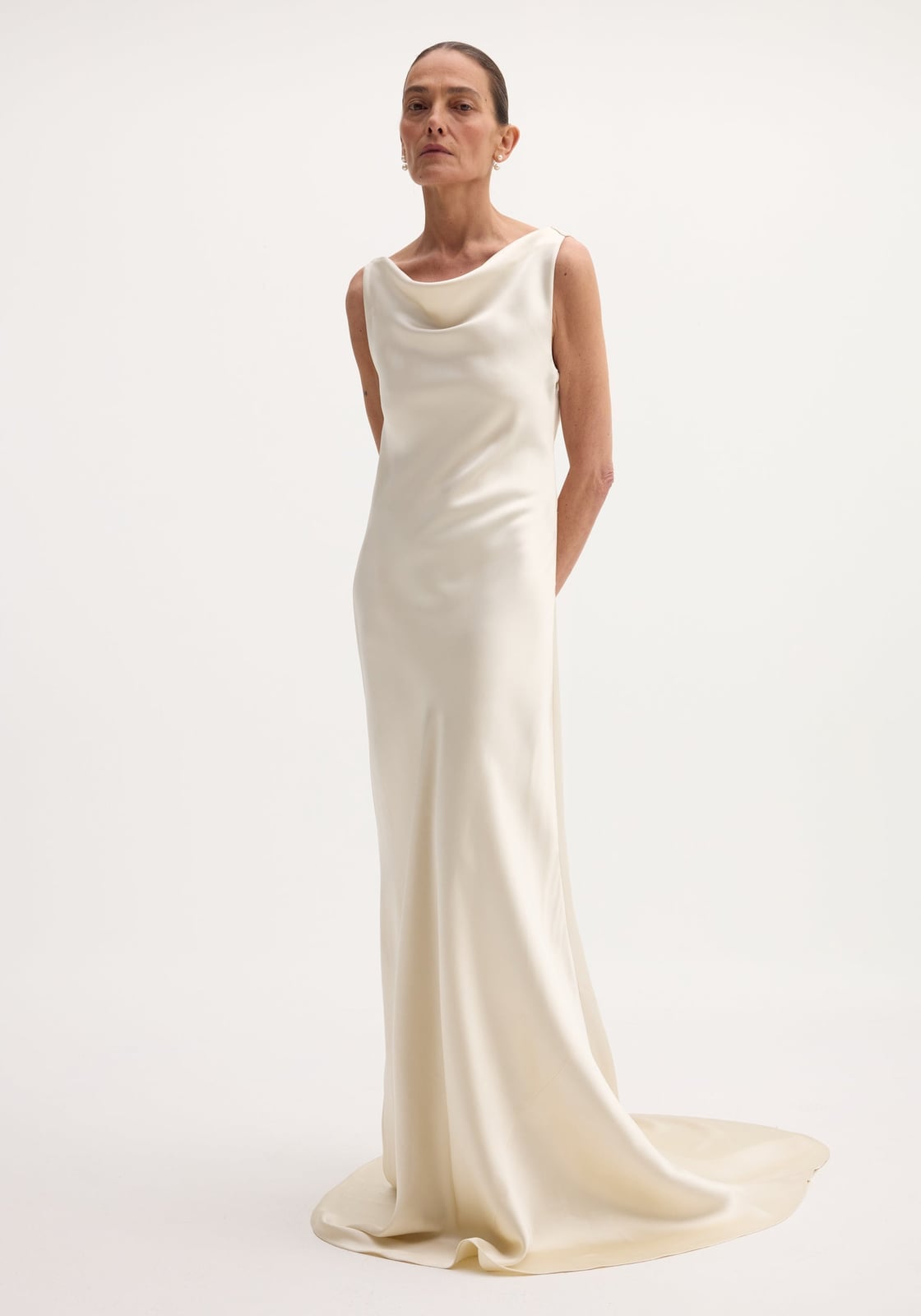 Ivory Satin Silk Column Dress with Draped Cowl Neck and Train — Elegant Silk Dresses