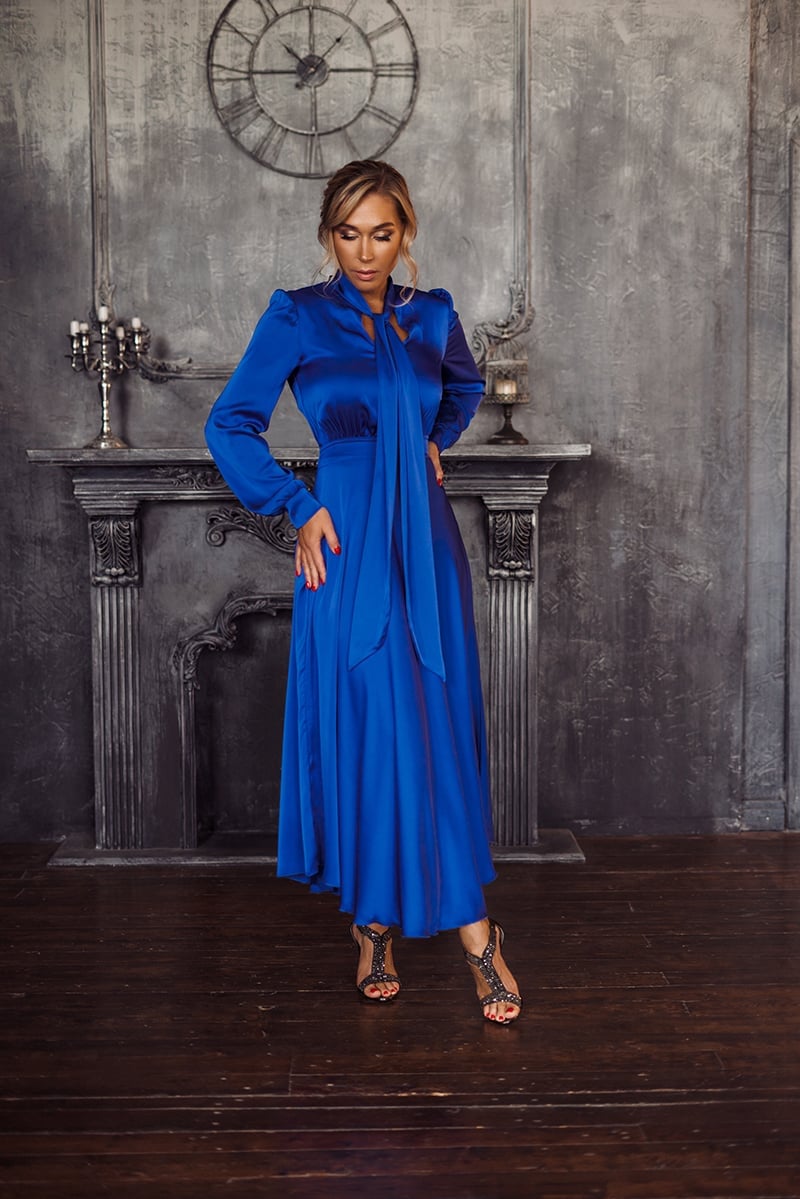 Royal Blue Satin Long Sleeve Midi Dress with Tie Neck — Elegant Silk Dresses