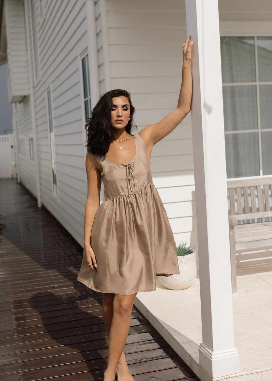 Beige Satin Sleeveless Mini Dress with Lace-Up Detail — Elegant Silk Dresses