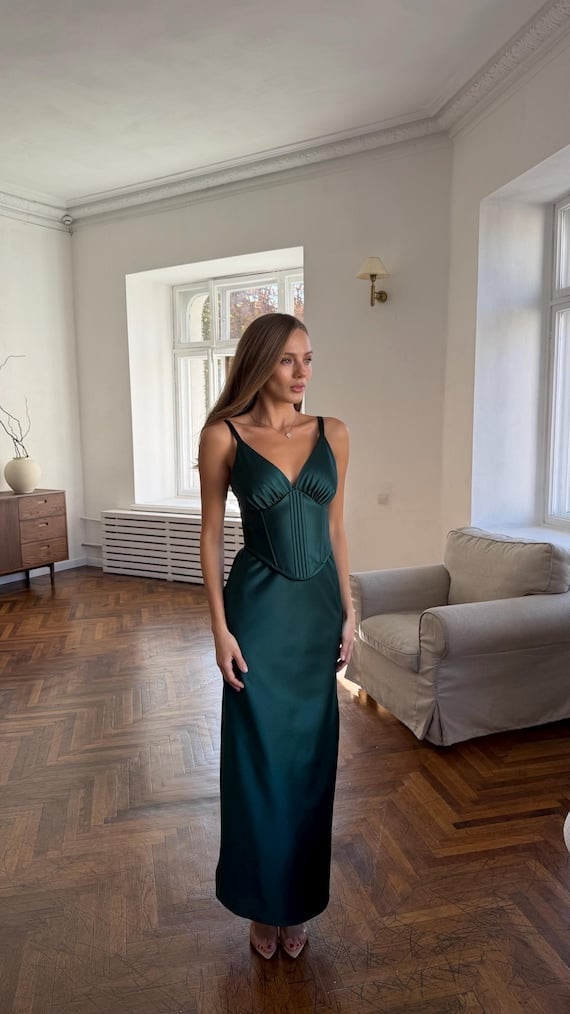 Deep Green Satin Silk Dress with Corset Bodice and Slit — Elegant Silk Dresses