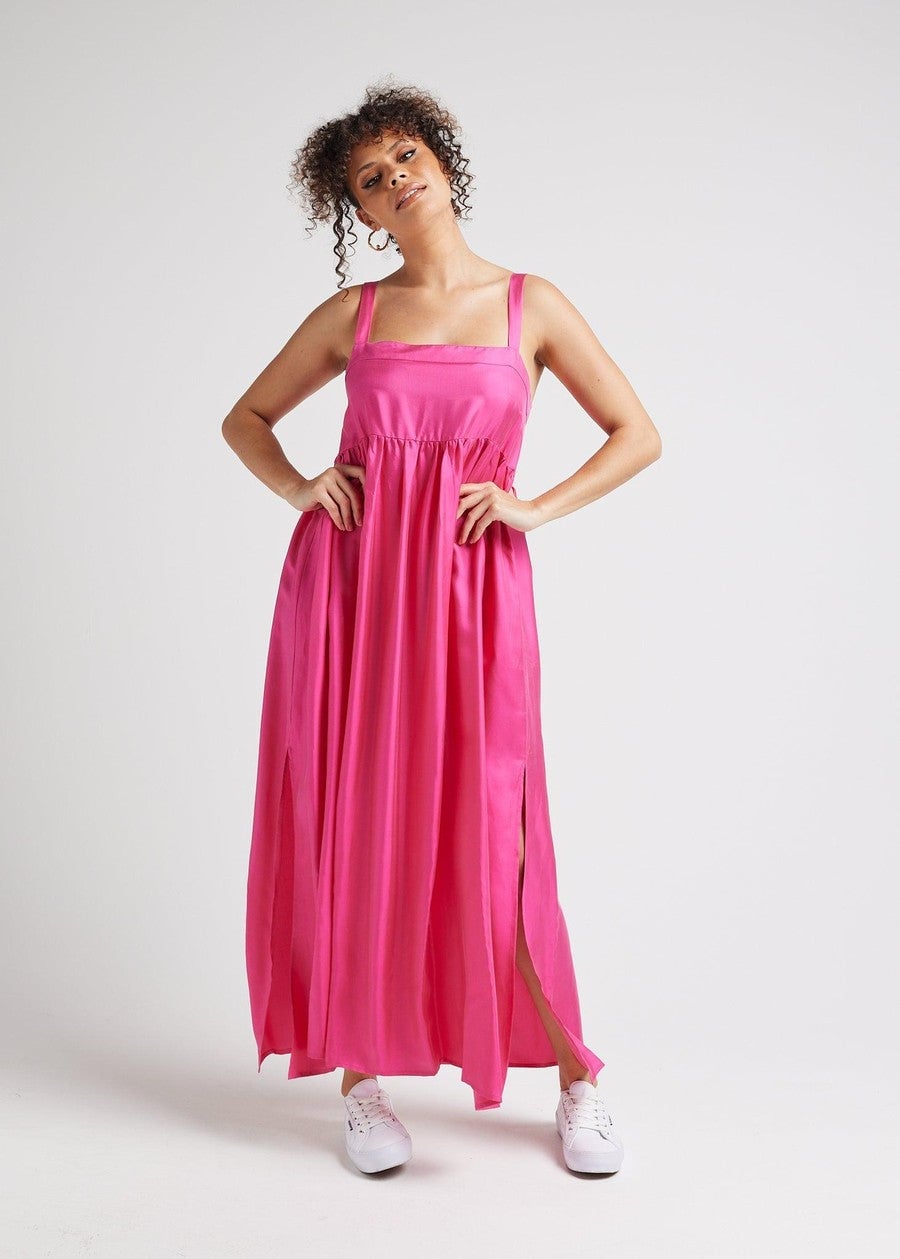 Hot Pink Satin Sleeveless Maxi Dress with Square Neckline — Elegant Silk Dresses