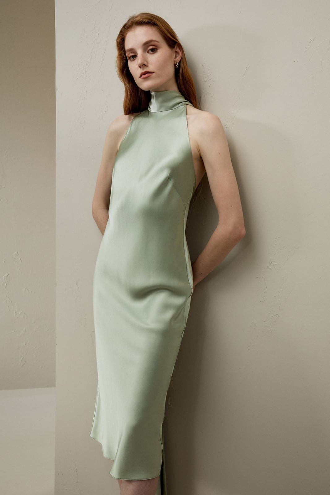 Sage Green Silk Satin Halter Neck Dress with Open Back — Elegant Silk Dresses