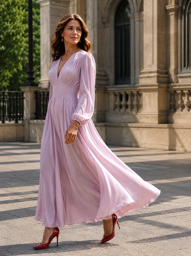 Lavender Silk Maxi Dress with Long Sleeves and Flowing Skirt — Elegant Silk Dresses