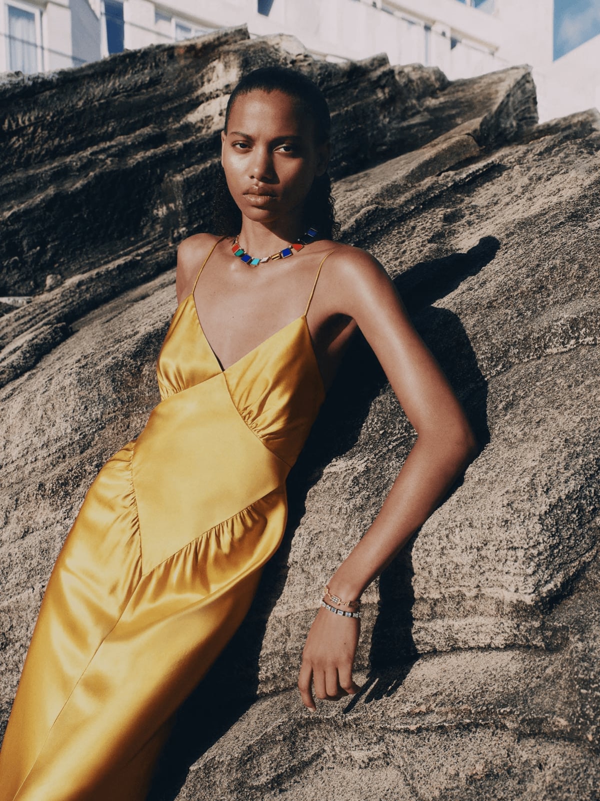 Bright Yellow Silk Slip Dress with Ruched Detailing — Elegant Silk Dresses