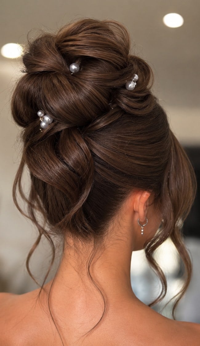 Twisted Dark Brown Bun With Pearl Pins — Elegant Updo Inspo