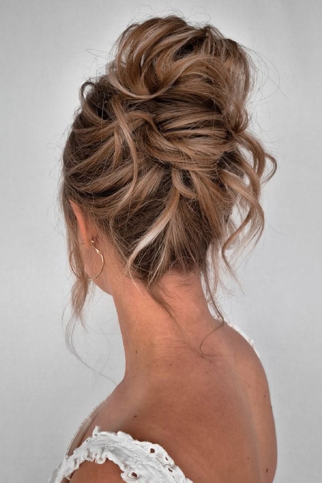 Messy Bun Updo With Ash Blonde Highlights — Elegant Updo Inspo