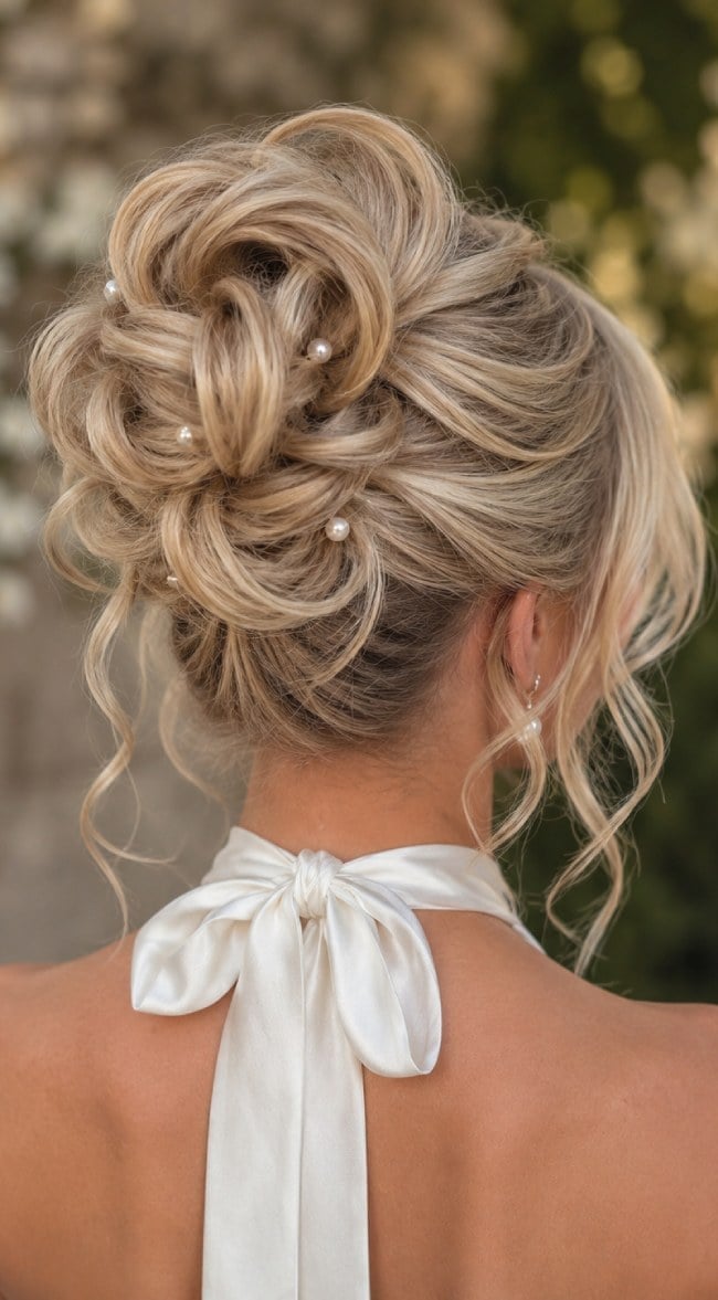 Intricate Blonde Updo With Pearl Accents — Elegant Updo Inspo