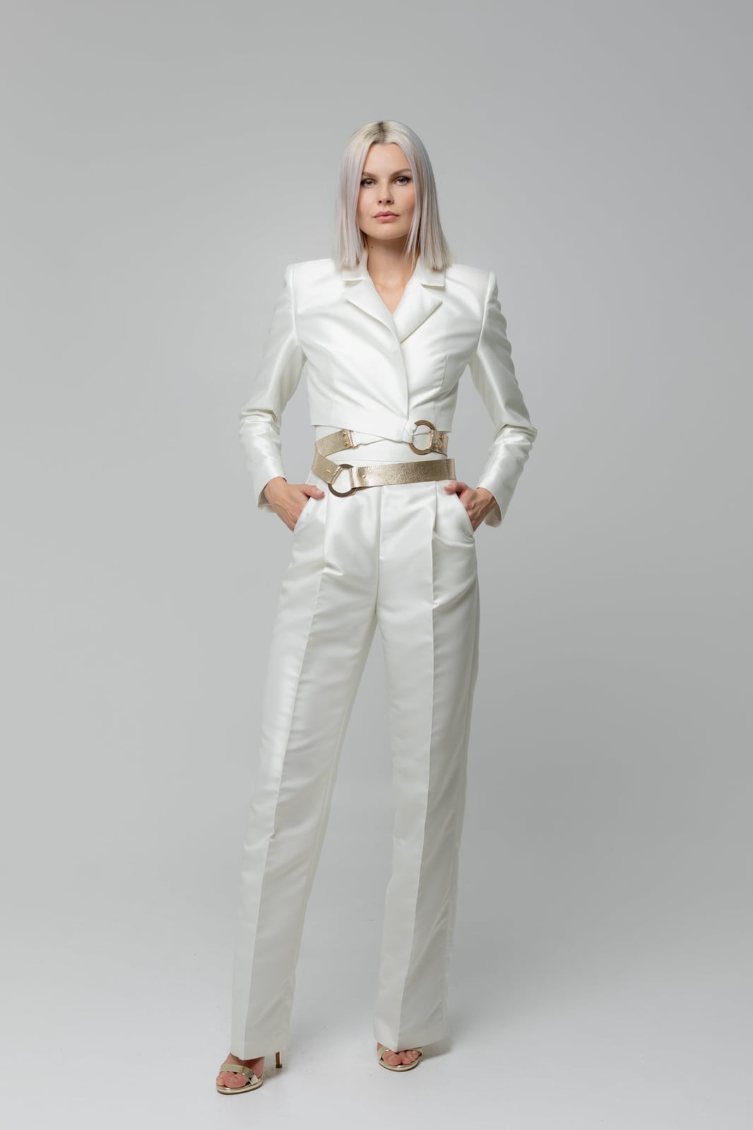 White Satin Cropped Jacket with Gold Belt White Satin Cropped Jacket with Gold Belt — Elegant White Jacket Outfit