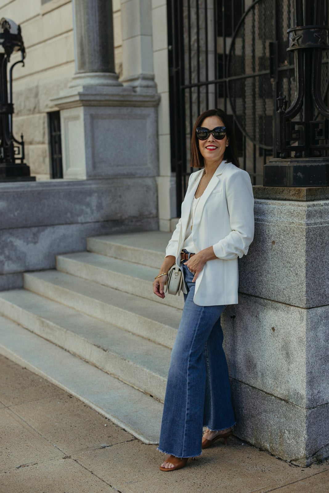 White Double-Breasted Blazer with Fitted Trousers White Double-Breasted Blazer with Fitted Trousers — Elegant White Jacket Outfit