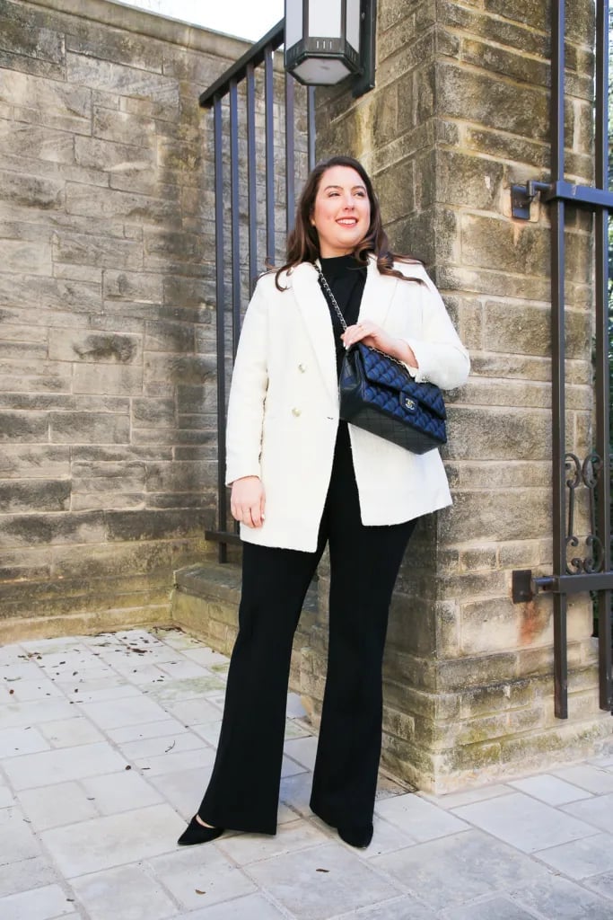 White Textured Double-Breasted Blazer with Black Turtleneck White Textured Double-Breasted Blazer with Black Turtleneck — Elegant White Jacket Outfit