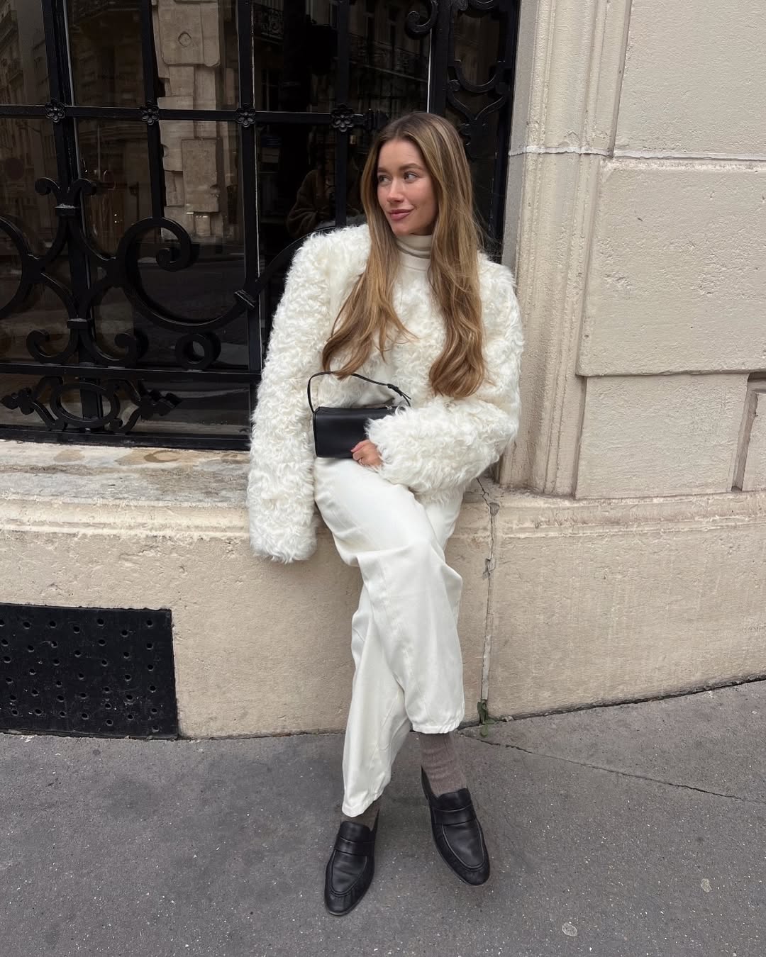 White Fuzzy Sweater with White Satin Pants White Fuzzy Sweater with White Satin Pants — Elegant White Jacket Outfit
