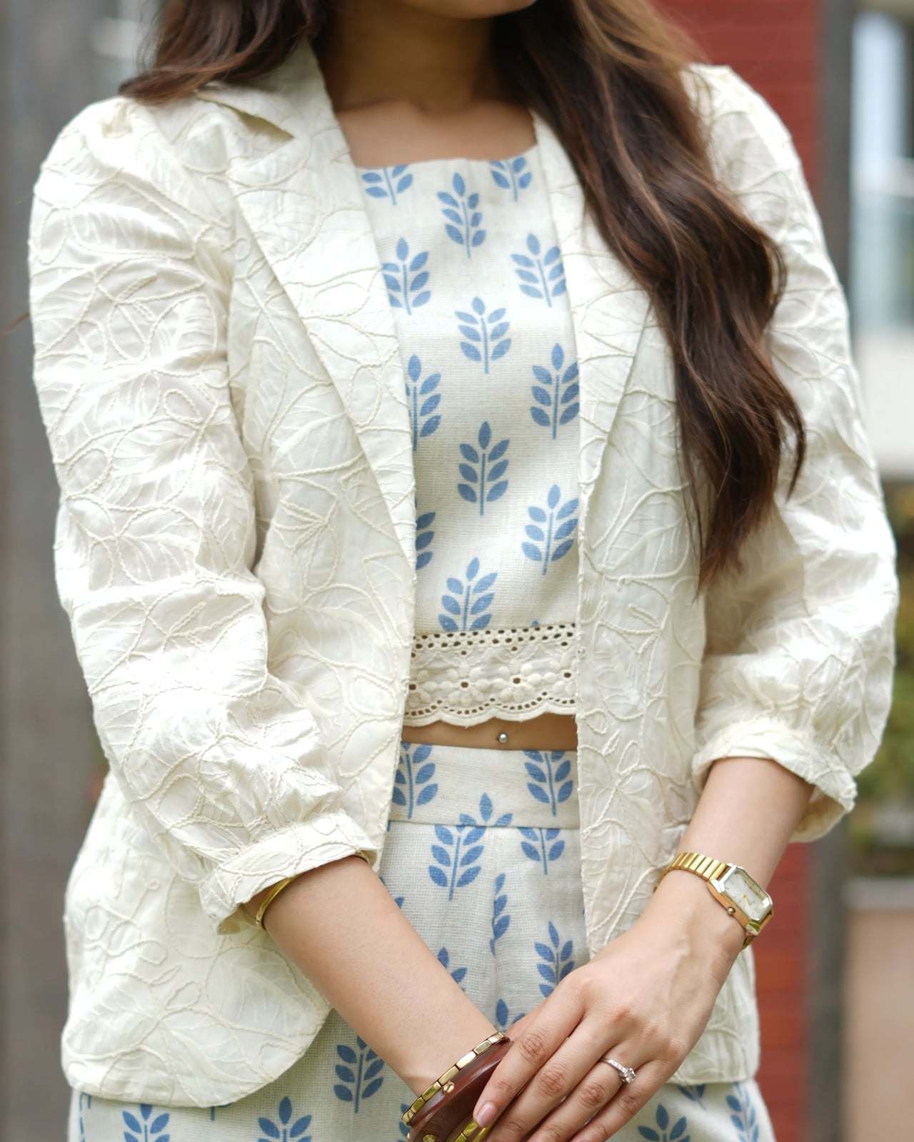 White Embroidered Jacket with Printed Crop Top White Embroidered Jacket with Printed Crop Top — Elegant White Jacket Outfit