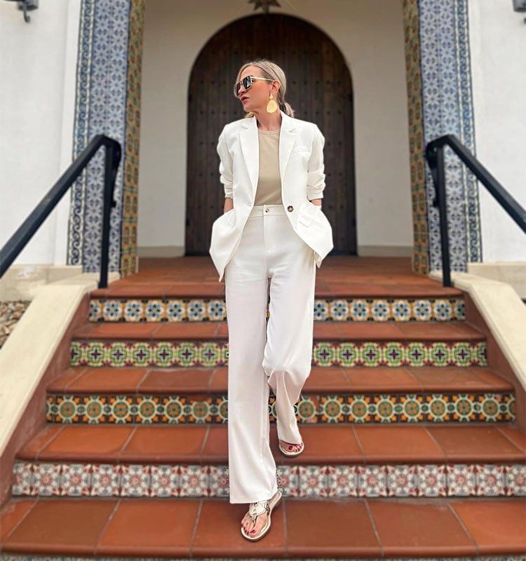 White Linen-Blend Blazer with Beige Top and Pants White Linen-Blend Blazer with Beige Top and Pants — Elegant White Jacket Outfit