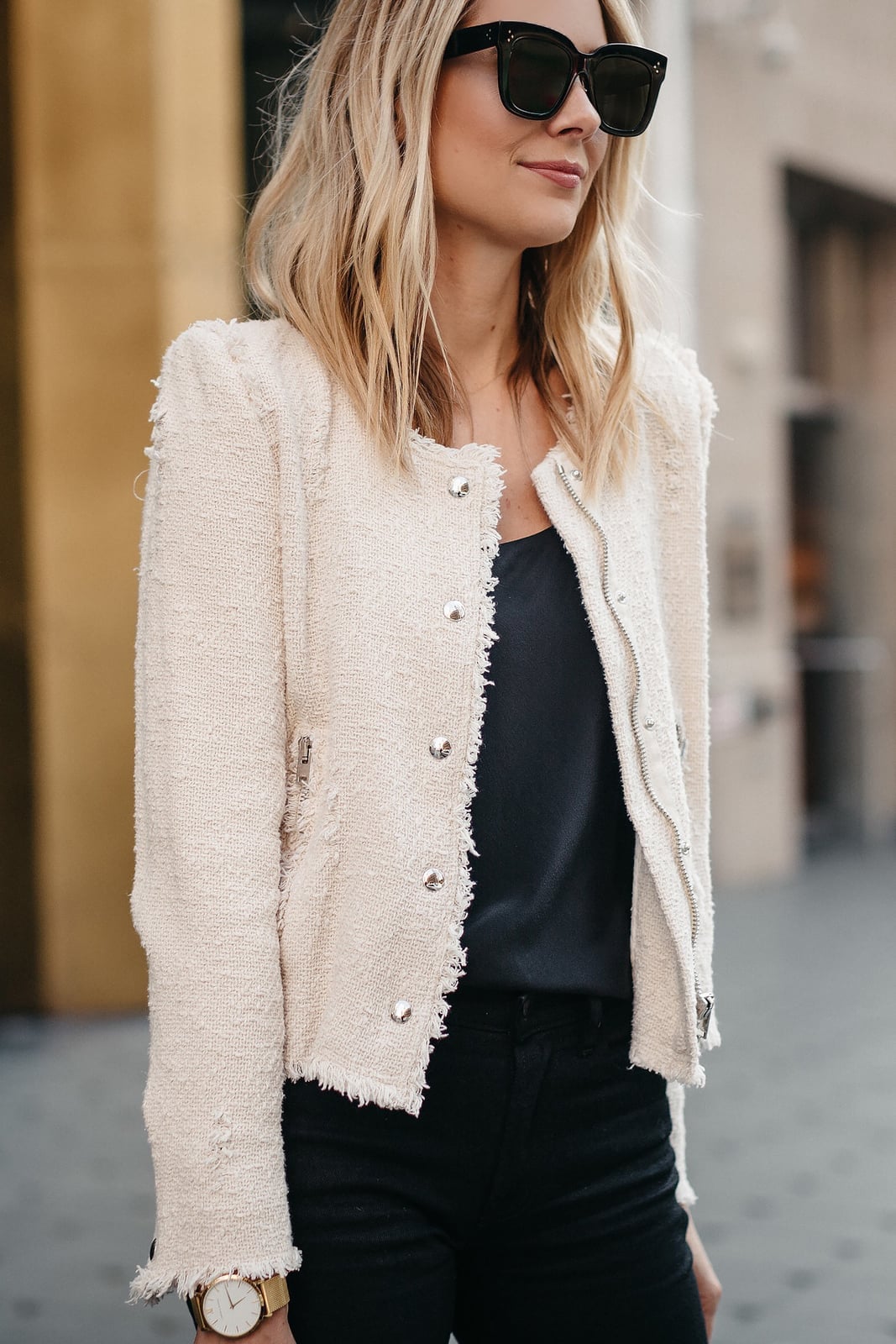 Ivory Tweed Jacket with Frayed Edges Ivory Tweed Jacket with Frayed Edges — Elegant White Jacket Outfit