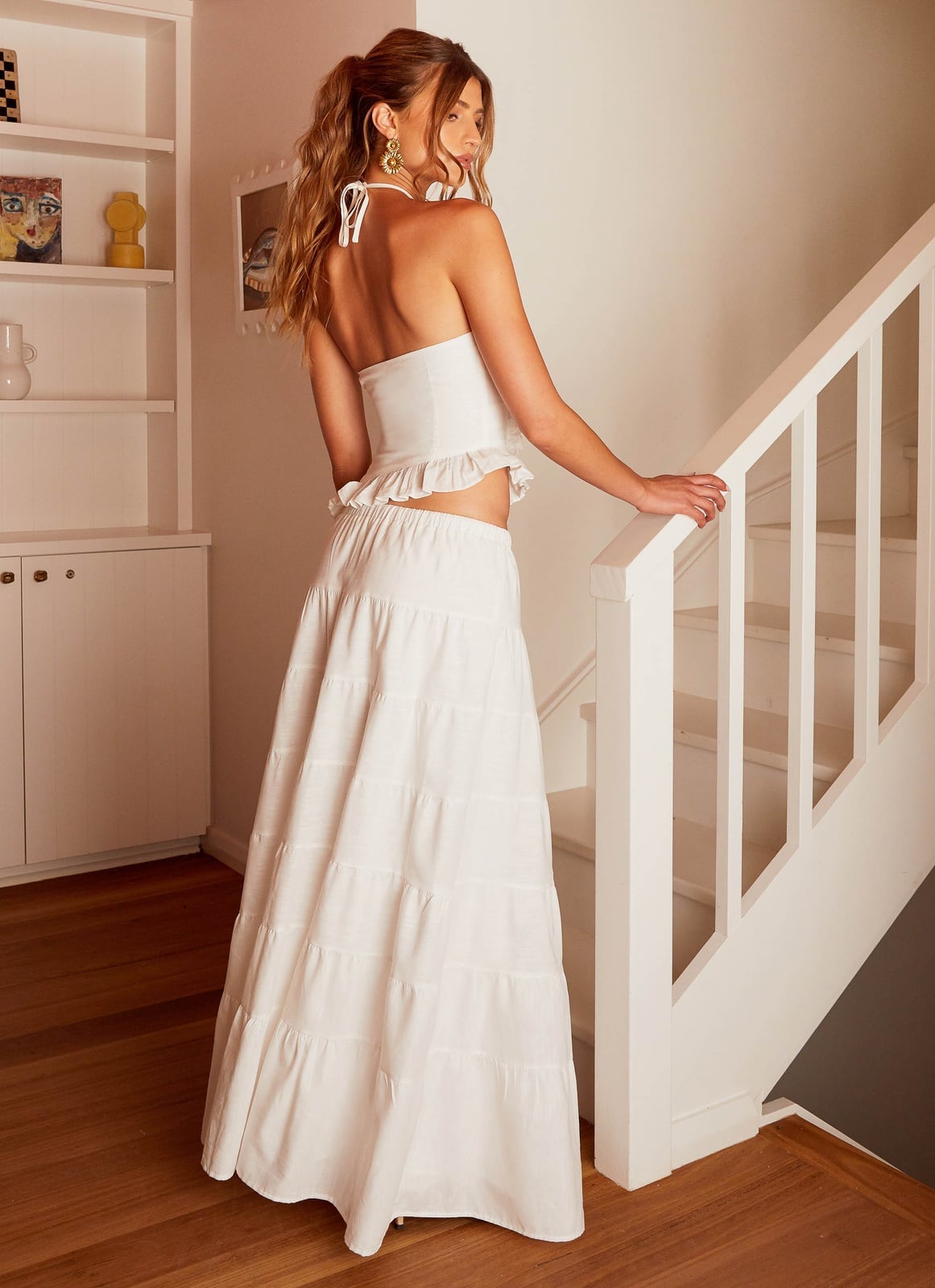 White Tiered Maxi Skirt With Halter Neck Top — Elegant White Maxi Skirt Outfit