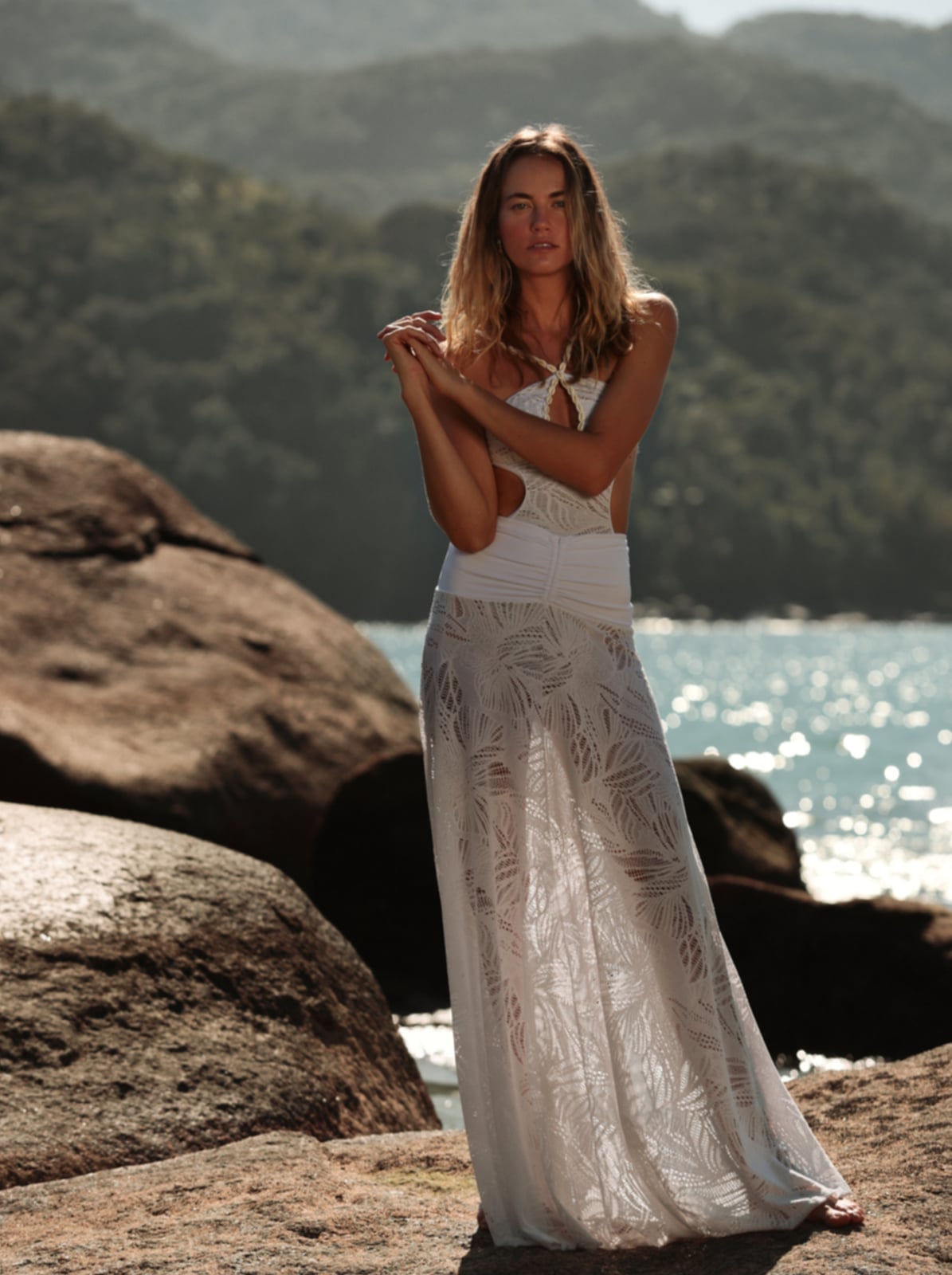 White Lace Maxi Skirt With Cut-Out One-Piece — Elegant White Maxi Skirt Outfit