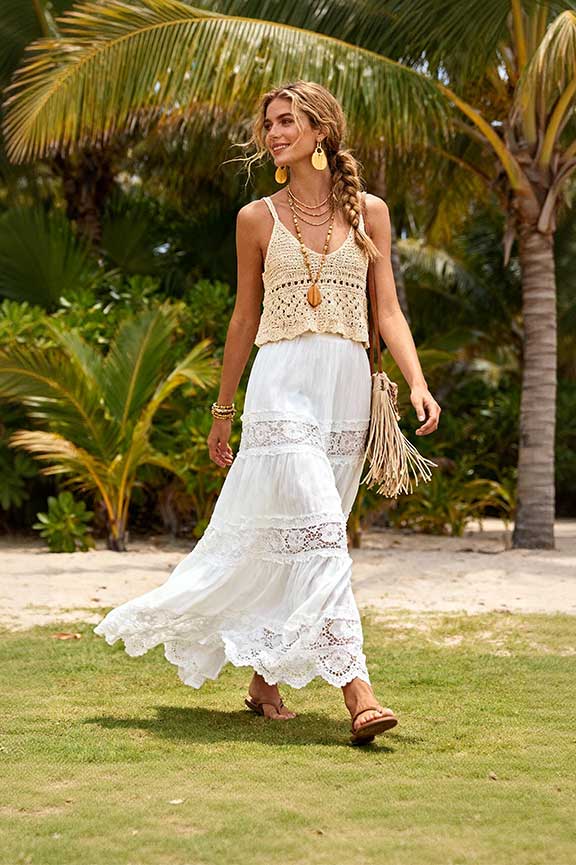 White Tiered Cotton Maxi Skirt With Crochet Crop Top — Elegant White Maxi Skirt Outfit